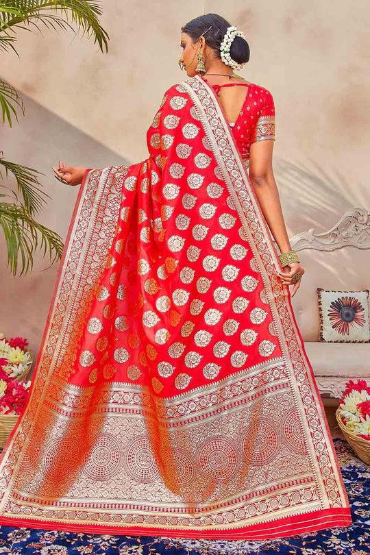 Banarasi Saree Coral Red Zari Butta Woven Banarasi Saree saree online