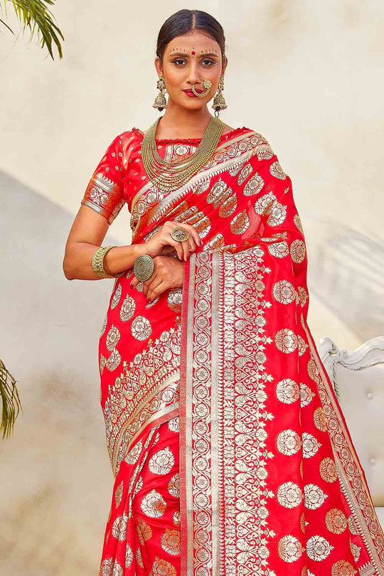 Banarasi Saree Coral Red Zari Butta Woven Banarasi Saree saree online