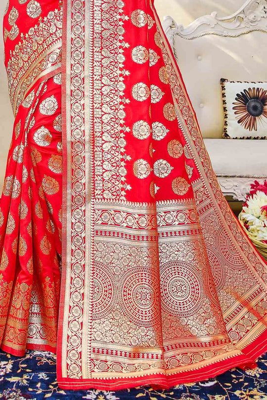 Banarasi Saree Coral Red Zari Butta Woven Banarasi Saree saree online