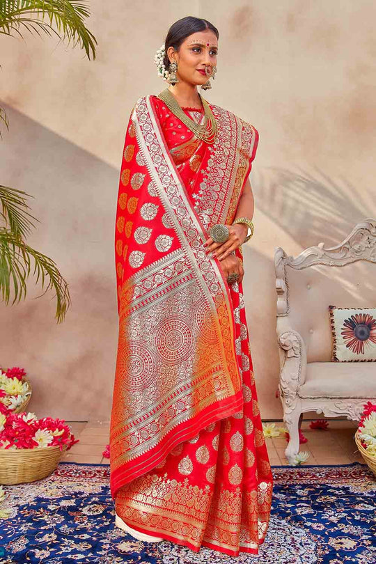Banarasi Saree Coral Red Zari Butta Woven Banarasi Saree saree online