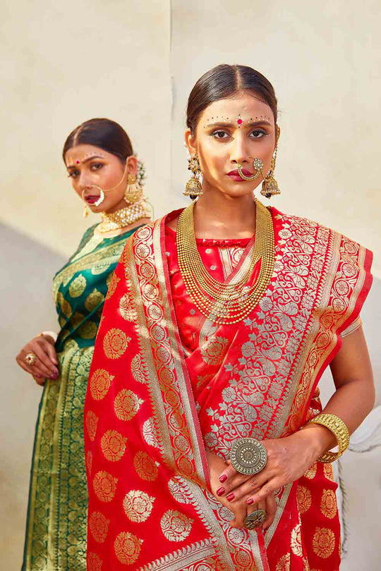 Banarasi Saree Coral Red Zari Butta Woven Banarasi Saree saree online