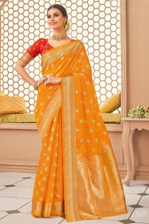 Cosmos Orange Banarasi Saree