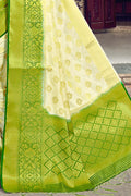 Cream And Green Banarasi Cotton Saree