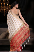 Cream White Zari Butta Woven Banarasi Saree