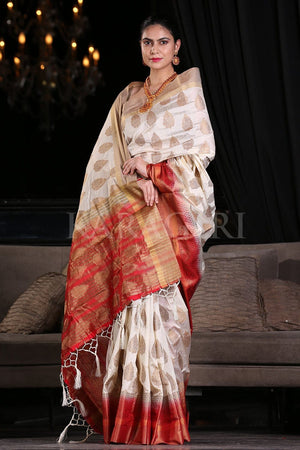 Cream White Zari Butta Woven Banarasi Saree