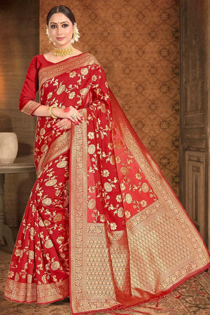 Crimson Red Printed Banarasi Saree