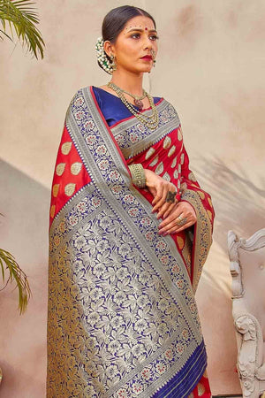Crimson Red Zari Butta Woven Banarasi Saree