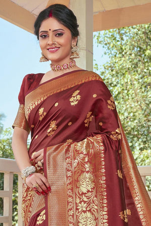 Currant Red Flower Border Banarasi Saree