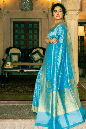 Cyan Blue Banarasi Saree