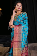 Cyan Blue Zari Butta Woven Banarasi Saree
