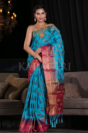 Cyan Blue Zari Butta Woven Banarasi Saree