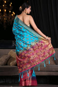 Cyan Blue Zari Butta Woven Banarasi Saree