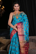 Cyan Blue Zari Butta Woven Banarasi Saree