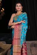 Cyan Blue Zari Butta Woven Banarasi Saree