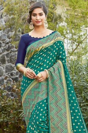 Cyprus Green Zari Butta Banarasi Saree