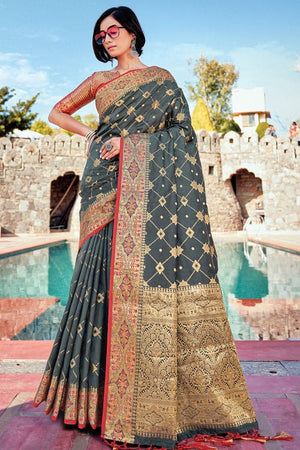 Dark Grey Banarasi Saree