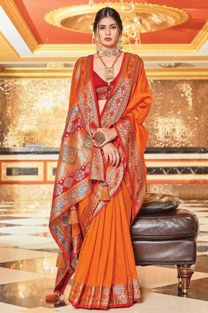 Dark Orange Banarasi Saree