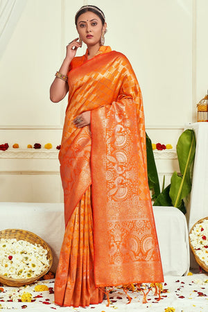 Dark Orange Banarasi Saree