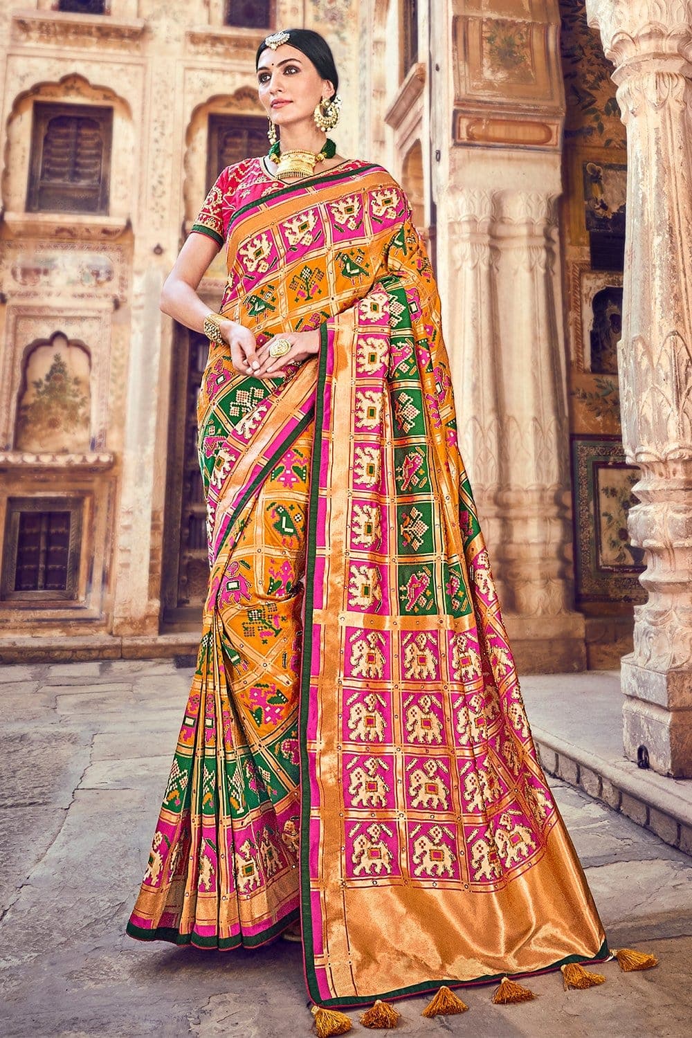 Banarasi Saree Deep Orange And Pink Banarasi Saree With Embroidered Silk Blouse saree online
