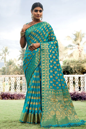 Deep Sky Blue Banarasi Saree