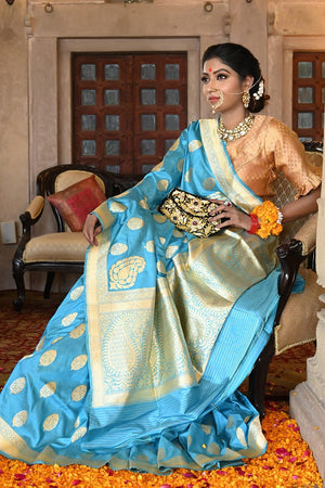 Deep Sky Blue Banarasi Saree