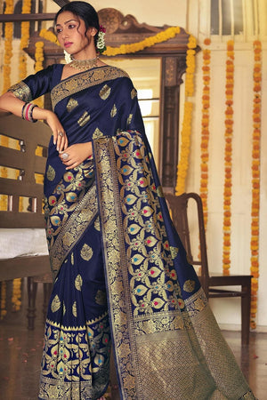 Banarasi Saree Denim Blue Jacquard Prints Banarasi Saree saree online