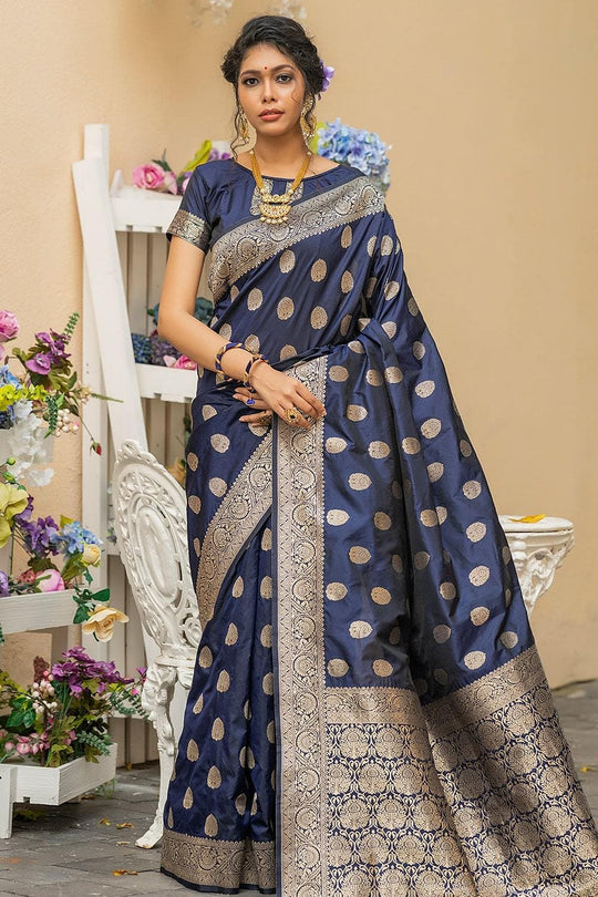 Denim Blue Zari Butta Saree