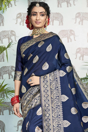 Denim Blue Zari Butta Work Banarasi Saree