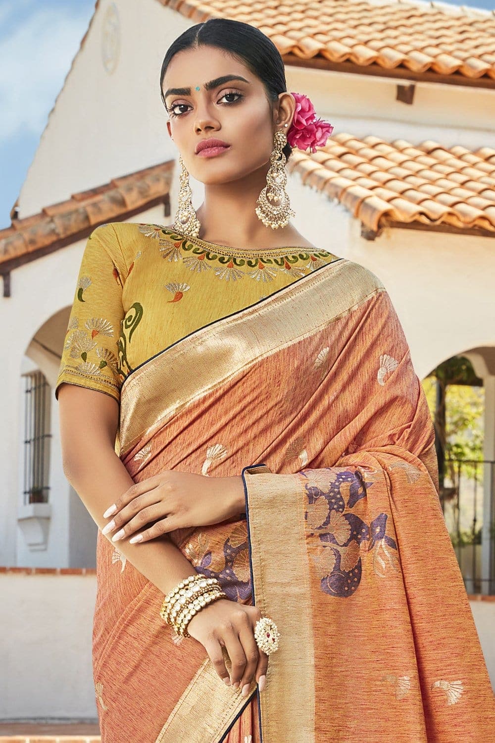 Banarasi Saree Designer Light Orange Zari Woven Cotton Banarasi Saree saree online