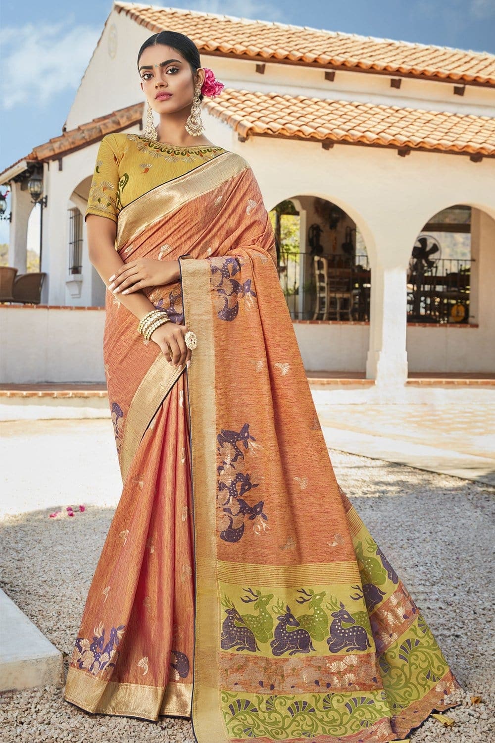 Banarasi Designer Light Orange Zari Woven Cotton Banarasi saree online