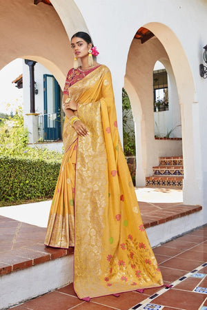 Designer Mustard Yellow Zari Woven Cotton Banarasi