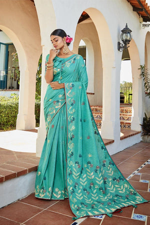 Designer Sky Blue Zari Woven Cotton Banarasi