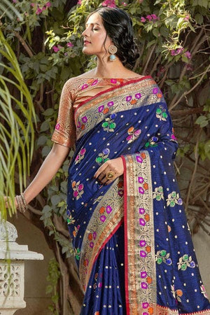 Egyptian Blue Floral Zari Woven Banarasi Saree