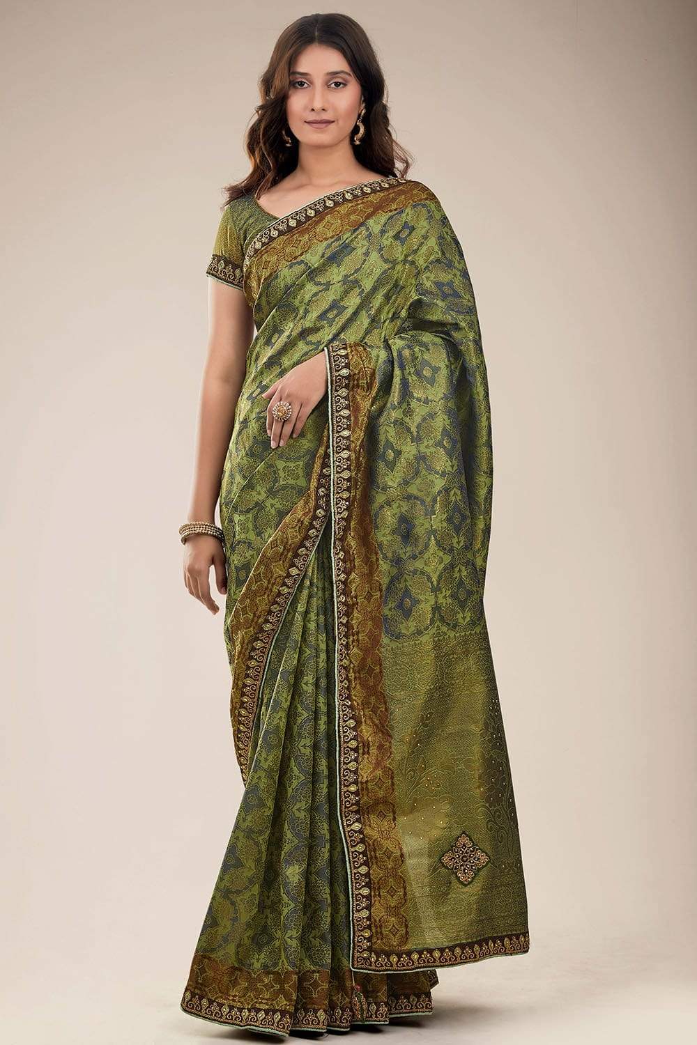 Buy Fern Green Banarasi Tanchoi Saree online-Karagiri