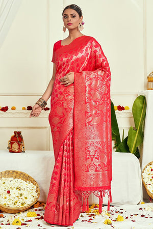 Fiery Rose Pink Banarasi Saree