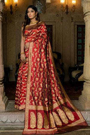 Fire Brick Red Banarasi Saree