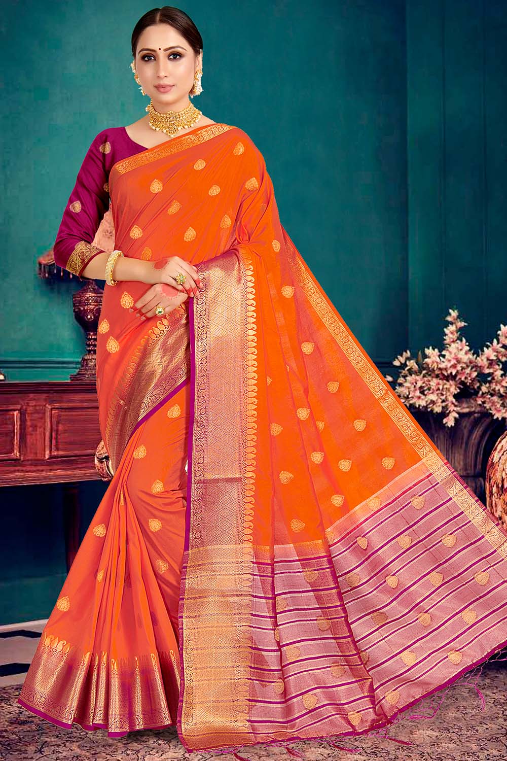 KARAGIRI Womens Cotton Orange Saree With Blouse Piece : Amazon.in: Fashion