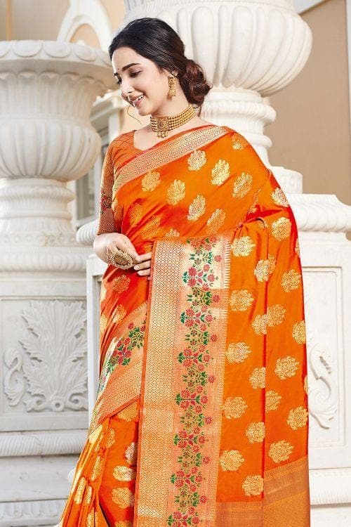 Fire Orange Zari banarasi Saree