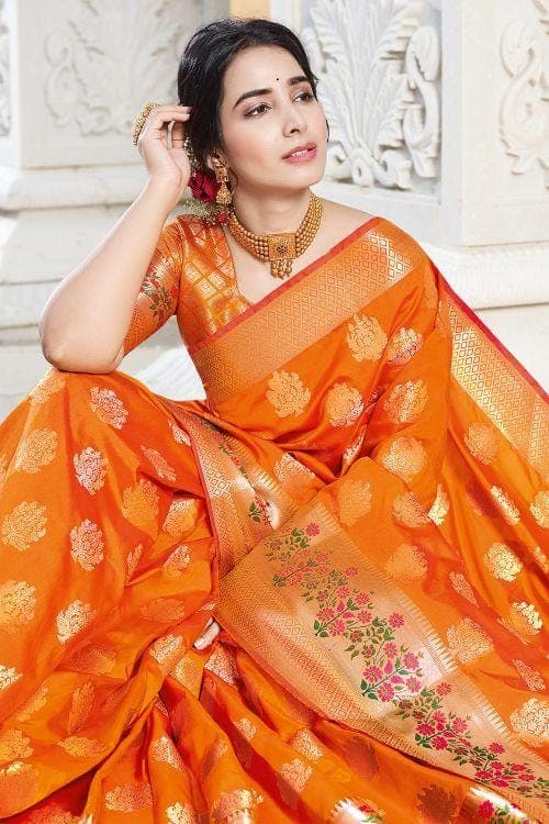 Fire Orange Zari banarasi Saree