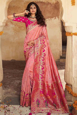Flamingo Pink Designer Banarasi Saree