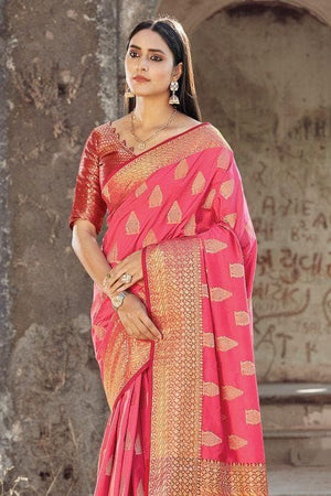 Flamingo Pink Zari Butta Woven Banarasi Saree