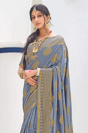 Flint Grey Zari Butta Woven Banarasi Saree