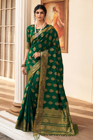 Forest Green Zari Butta Woven Banarasi Saree