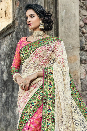 Fuscia Pink Banarasi Saree With Brocade Blouse And Net Pallu