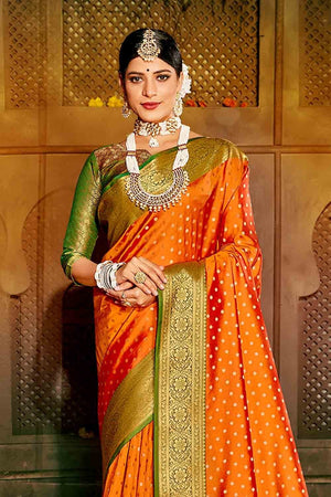 Gold Orange Zari Woven Banarasi Saree