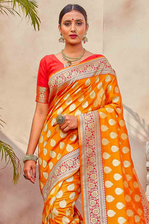 Gold Yellow Zari Butta Woven Banarasi Saree
