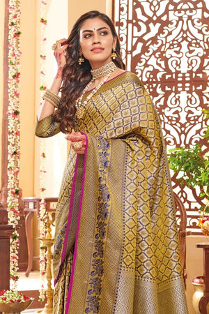 Golden Blue Zari Woven Banarasi Saree