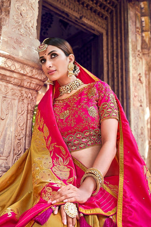 Goldenrod Yellow And Pink Banarasi Saree With Embroidered Silk Blouse