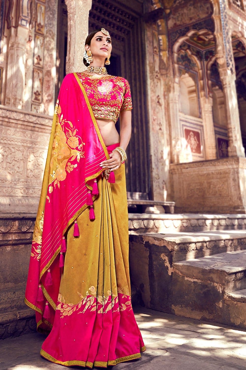 Banarasi Saree Goldenrod Yellow And Pink Banarasi Saree With Embroidered Silk Blouse saree online