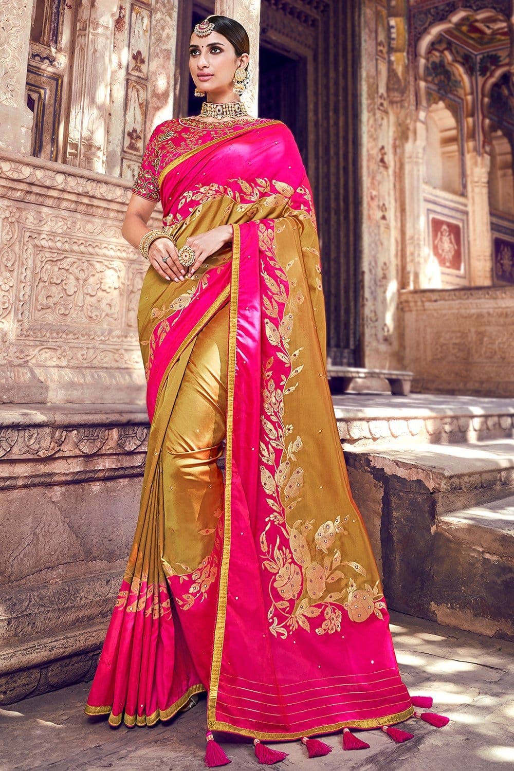 Banarasi Saree Goldenrod Yellow And Pink Banarasi Saree With Embroidered Silk Blouse saree online